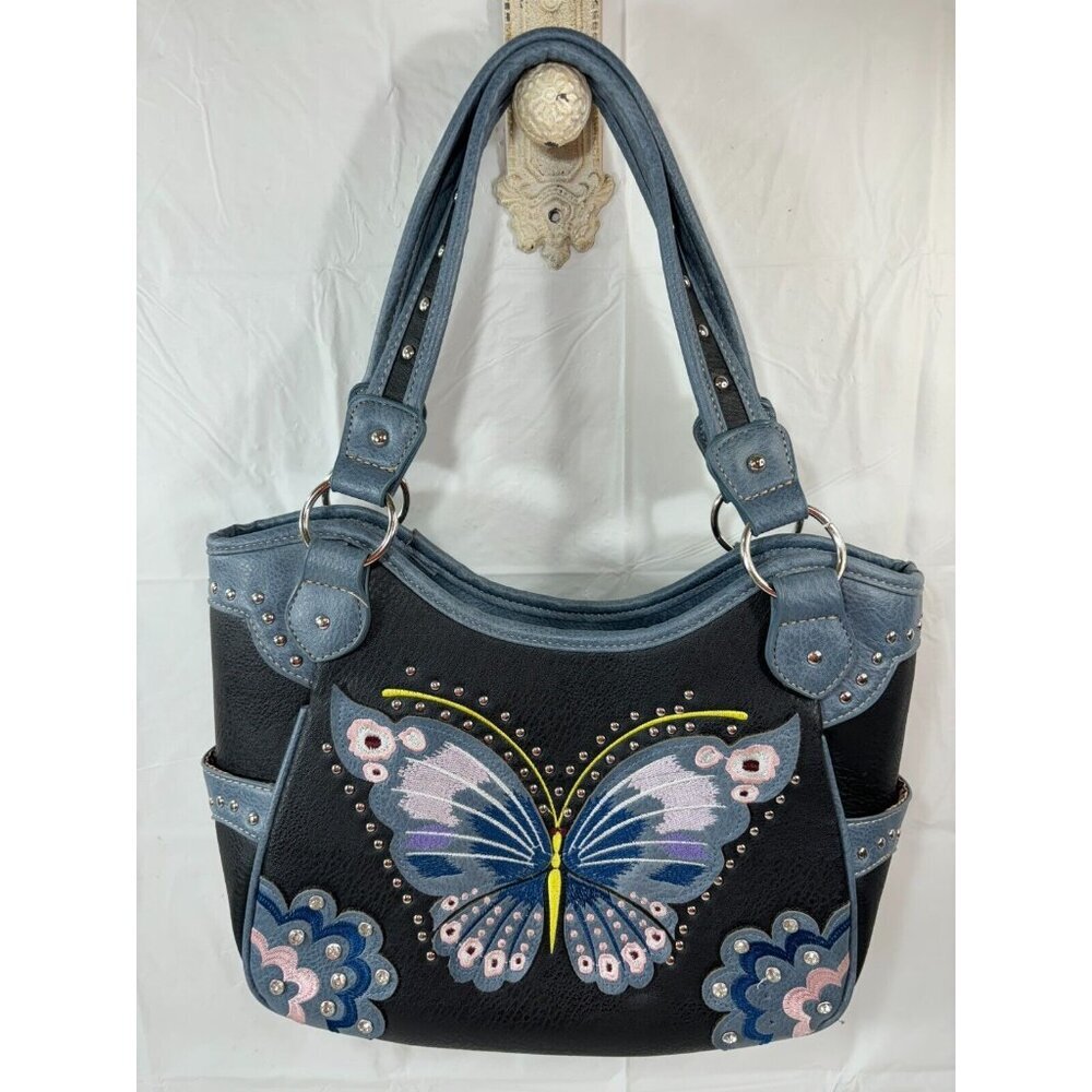 Butterfly Embroidered Black and Blue Shoulder Bag